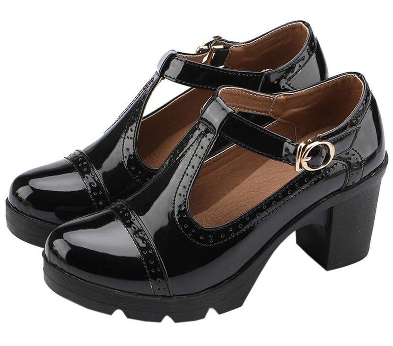 DADAWEN Women's Classic T-Strap Platform Mid-Heel Square Toe Oxfords Dress Shoes Black US Size 7 - Image 1